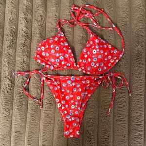 Red Floral String Bikini Set